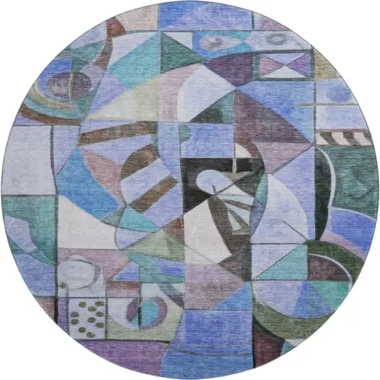 8' Green Blue And Ivory Abstract Washable Round Rug With UV Protection Photo 1