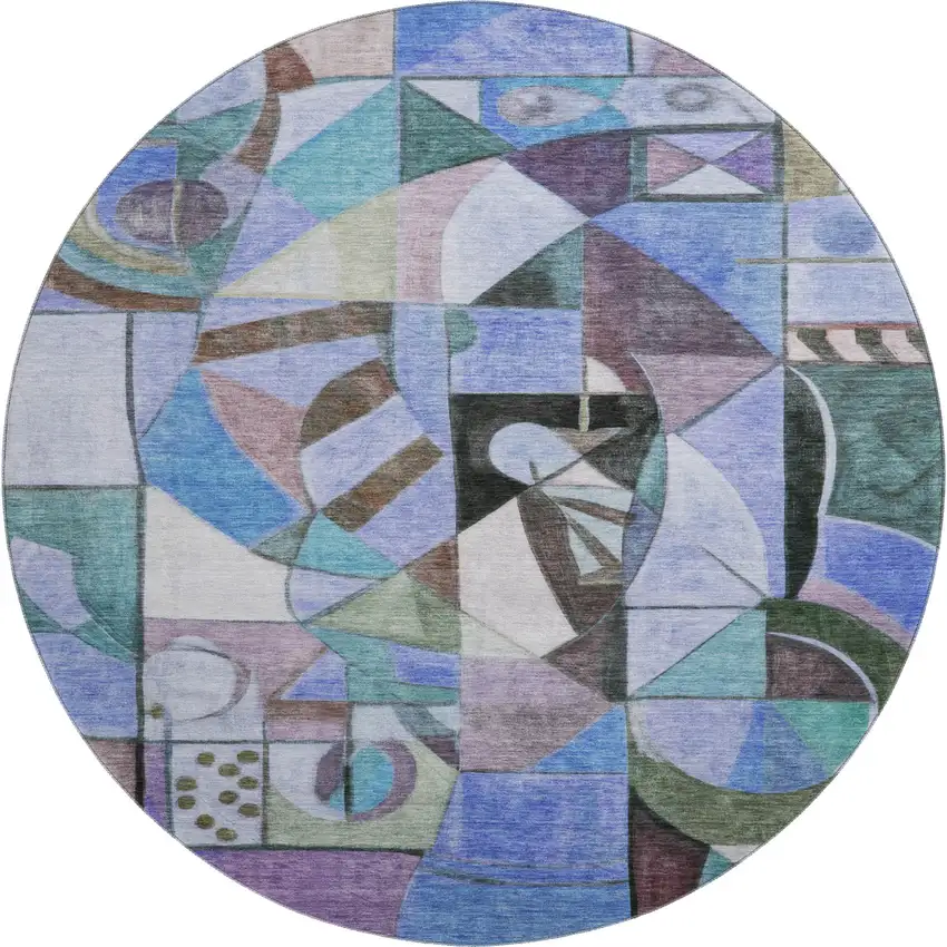 8' Green Blue And Ivory Abstract Washable Round Rug With UV Protection Photo 1
