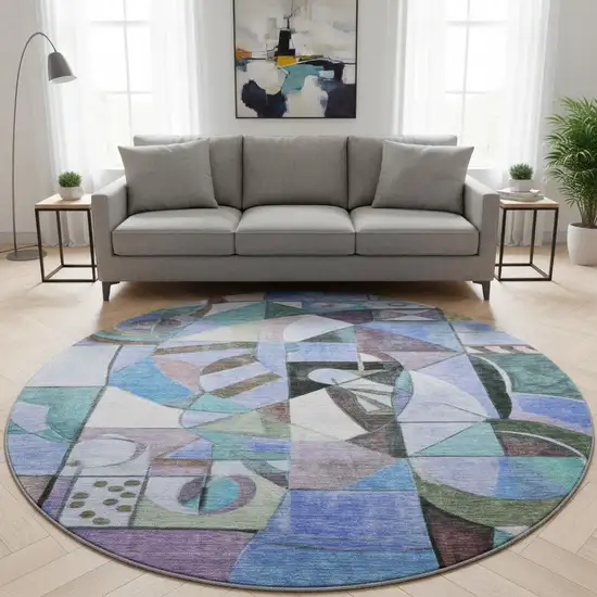 8' Green Blue And Ivory Abstract Washable Round Rug With UV Protection Photo 2