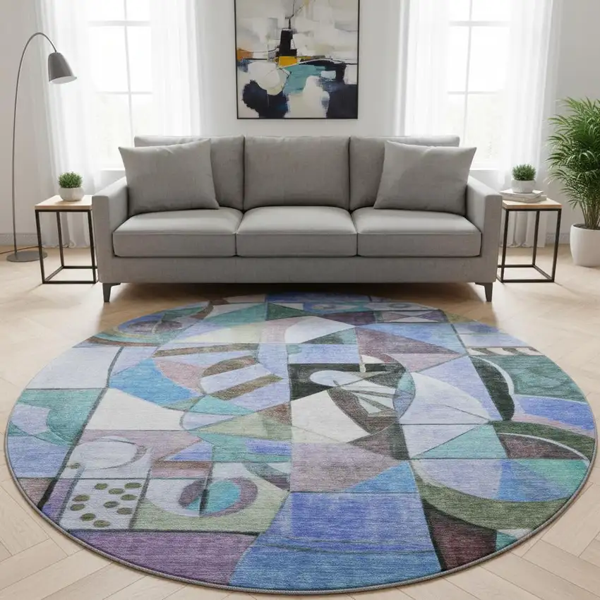 8' Green Blue And Ivory Abstract Washable Round Rug With UV Protection Photo 2