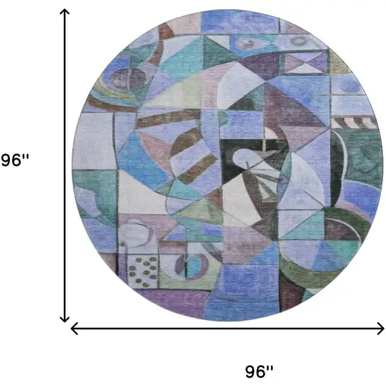 8' Green Blue And Ivory Abstract Washable Round Rug With UV Protection Photo 8