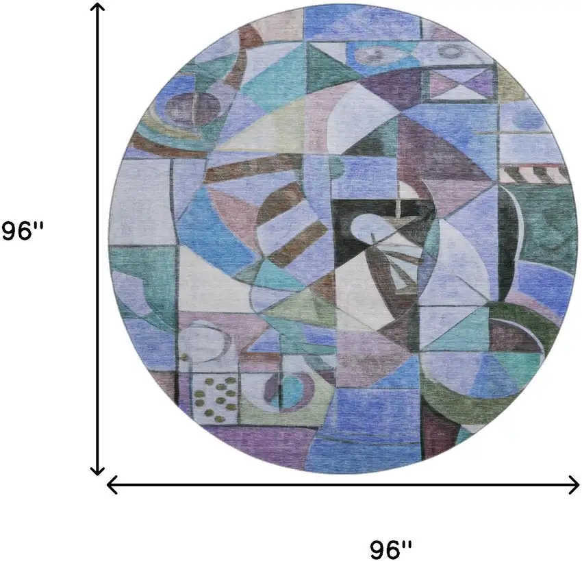 8' Green Blue And Ivory Abstract Washable Round Rug With UV Protection Photo 8