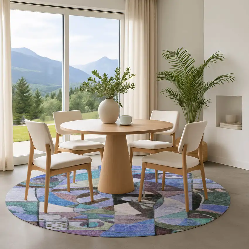 8' Green Blue And Ivory Abstract Washable Round Rug With UV Protection Photo 3