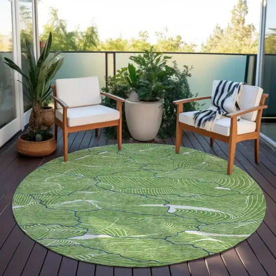 8' Green Blue And Ivory Round Abstract Washable Indoor Outdoor Area Rug Photo 8