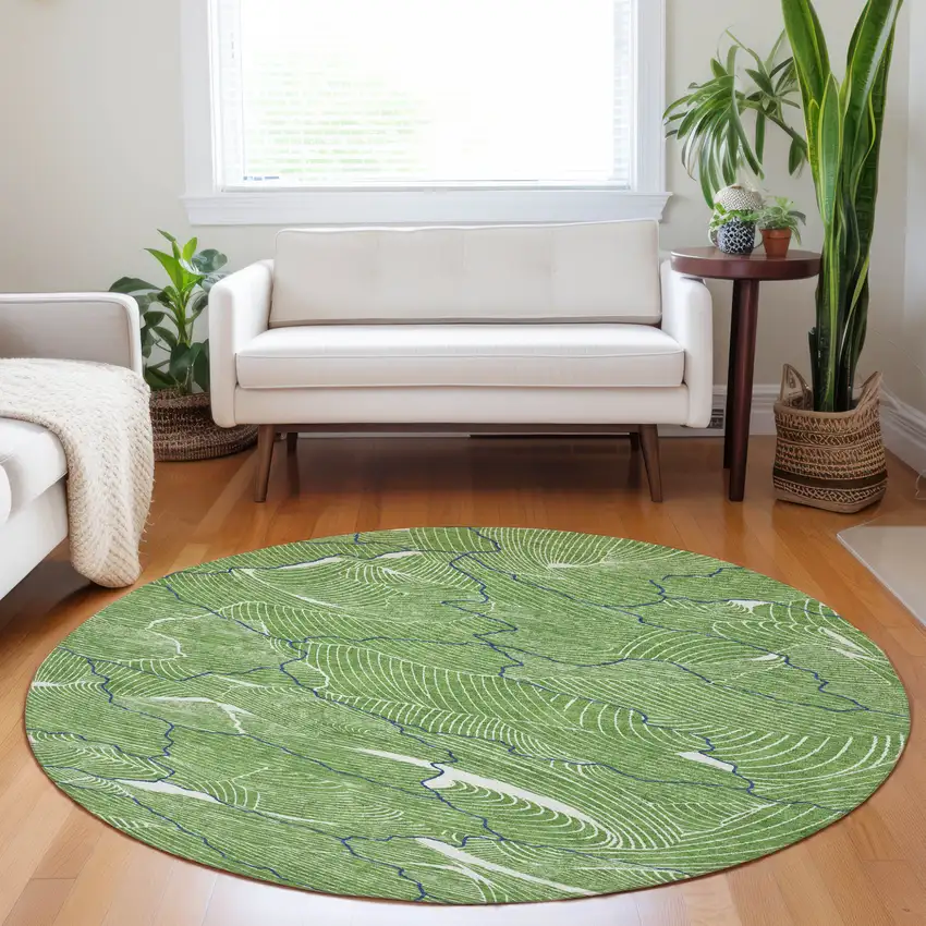 8' Green Blue And Ivory Round Abstract Washable Indoor Outdoor Area Rug Photo 9