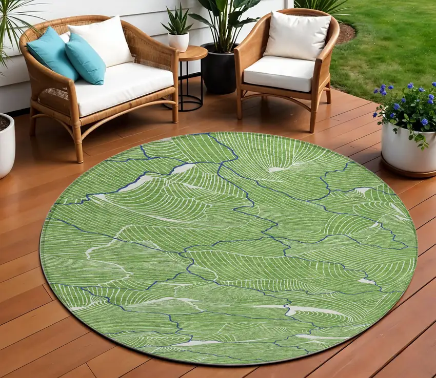 8' Green Blue And Ivory Round Abstract Washable Indoor Outdoor Area Rug Photo 1