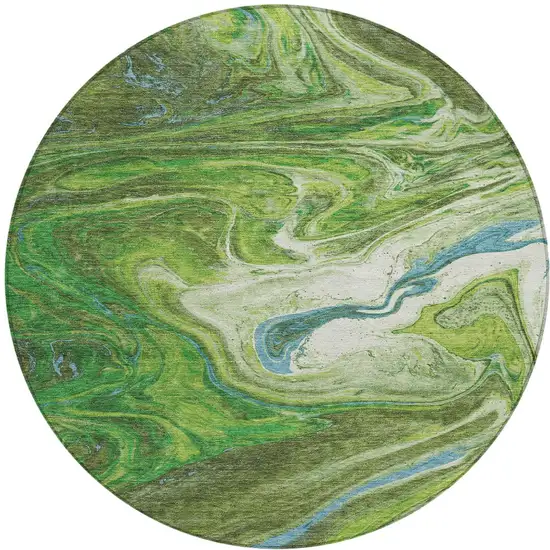 8' Green Blue And Ivory Round Abstract Washable Indoor Outdoor Area Rug Photo 6