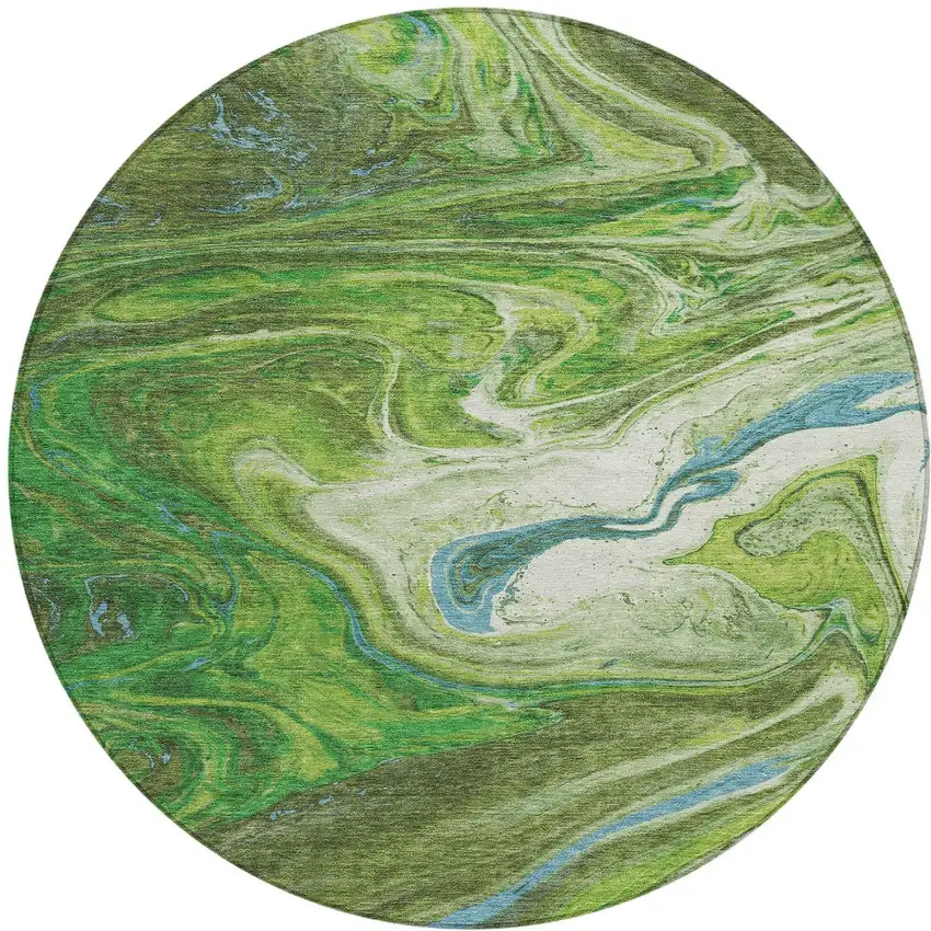 8' Green Blue And Ivory Round Abstract Washable Indoor Outdoor Area Rug Photo 6