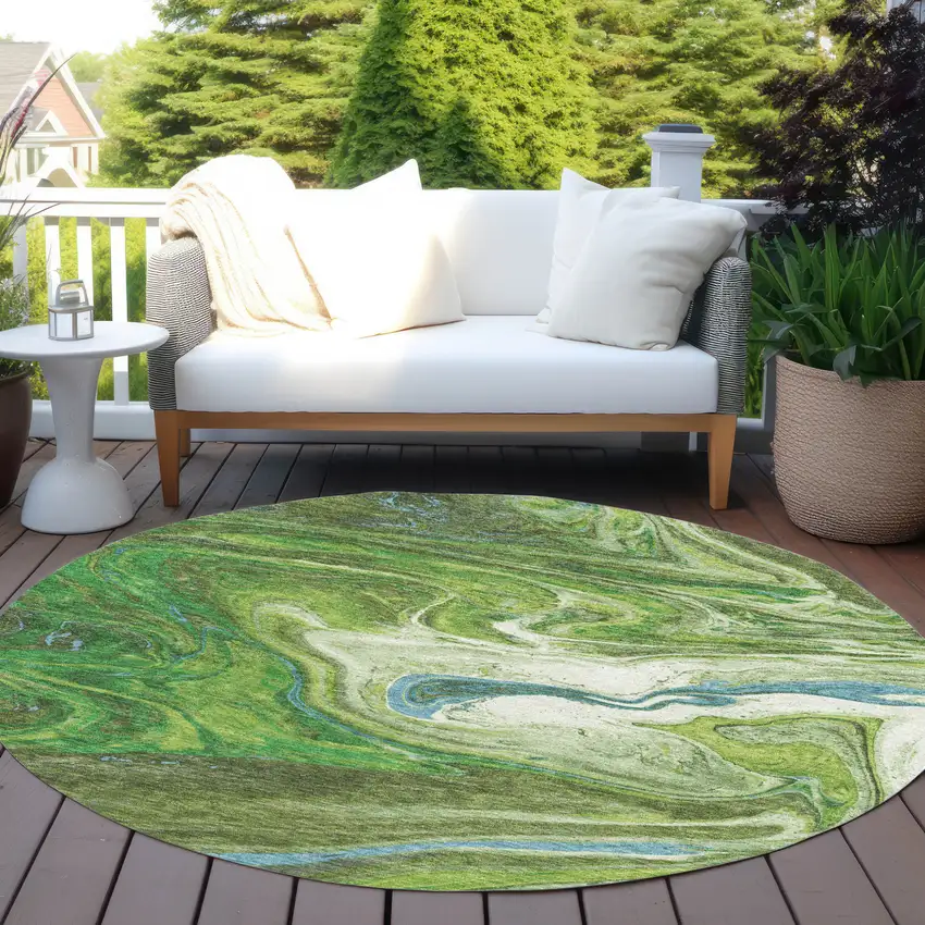 8' Green Blue And Ivory Round Abstract Washable Indoor Outdoor Area Rug Photo 8