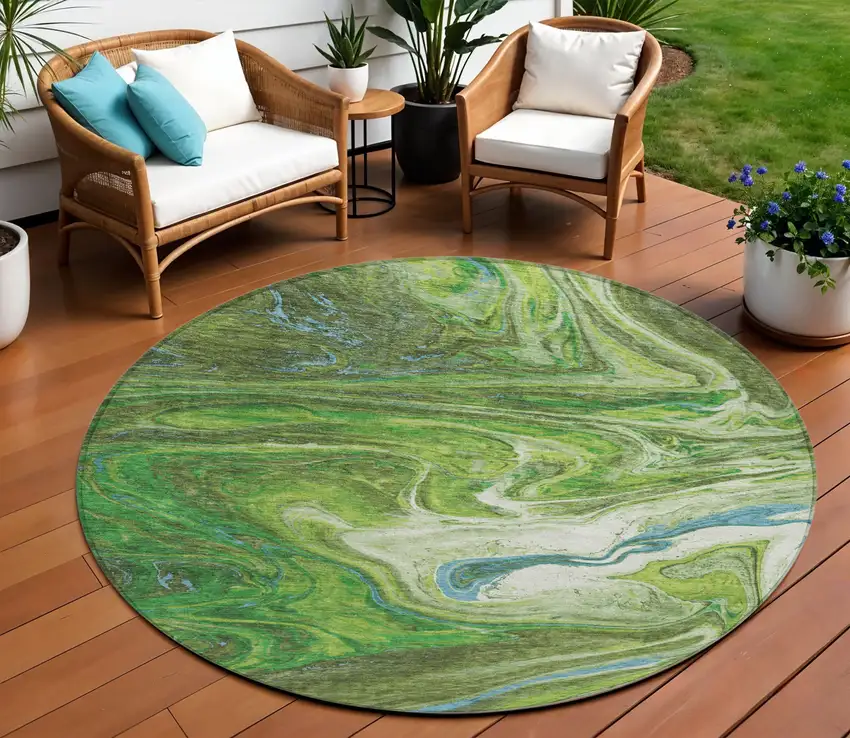 8' Green Blue And Ivory Round Abstract Washable Indoor Outdoor Area Rug Photo 1