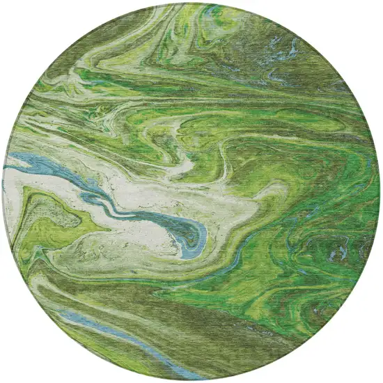 8' Green Blue And Ivory Round Abstract Washable Indoor Outdoor Area Rug Photo 7