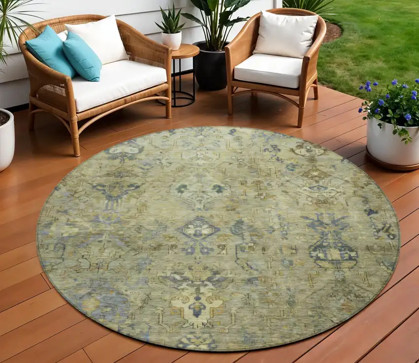 8' Green Blue And Ivory Round Medallion Washable Indoor Outdoor Area Rug Photo 1