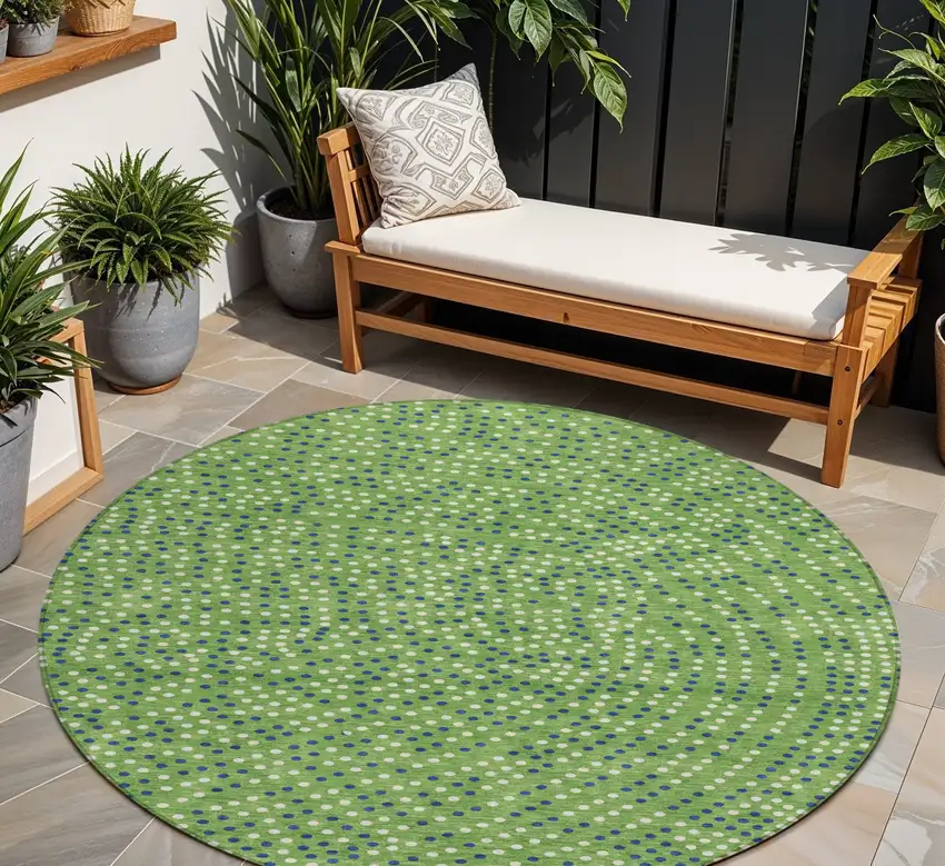 8' Green Blue And Ivory Round Polka Dot Washable Indoor Outdoor Area Rug Photo 1
