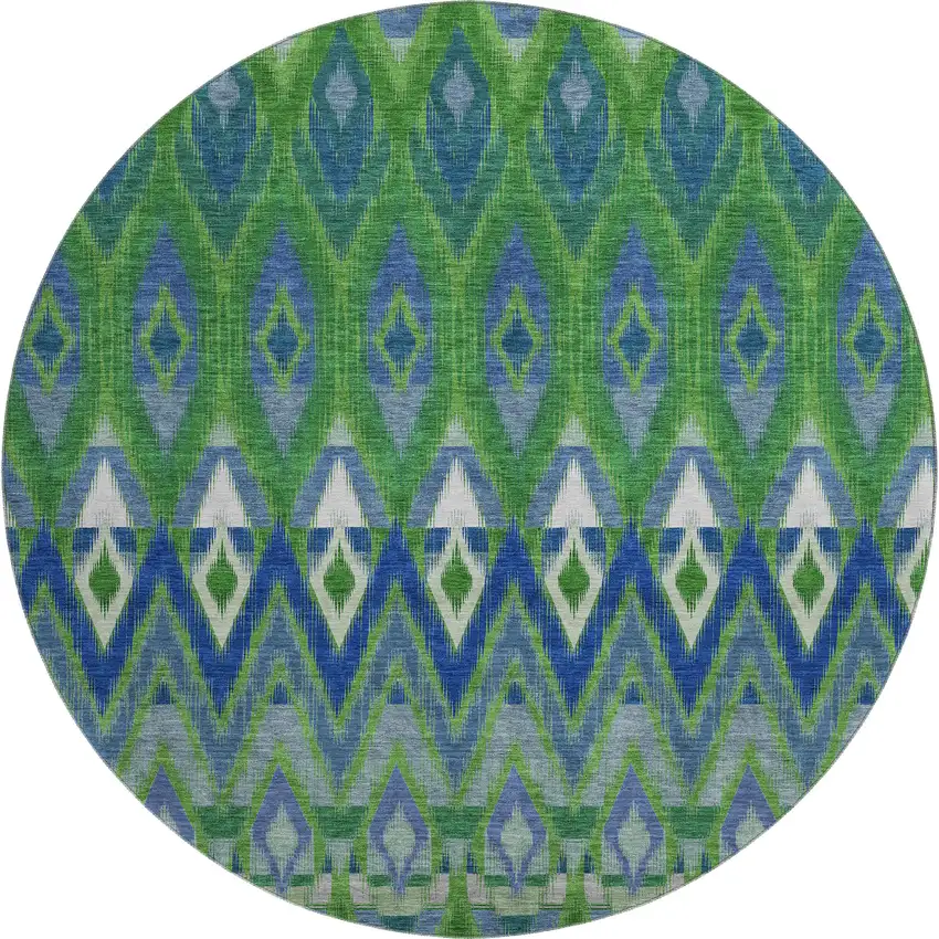 8' Green Blue And Ivory Southwestern Washable Round Rug With UV Protection Photo 1