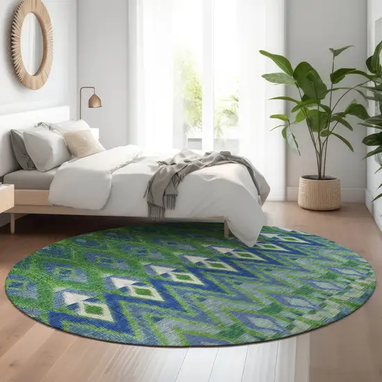 8' Green Blue And Ivory Southwestern Washable Round Rug With UV Protection Photo 5