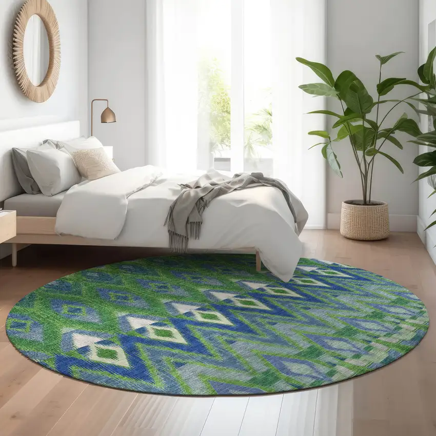 8' Green Blue And Ivory Southwestern Washable Round Rug With UV Protection Photo 5