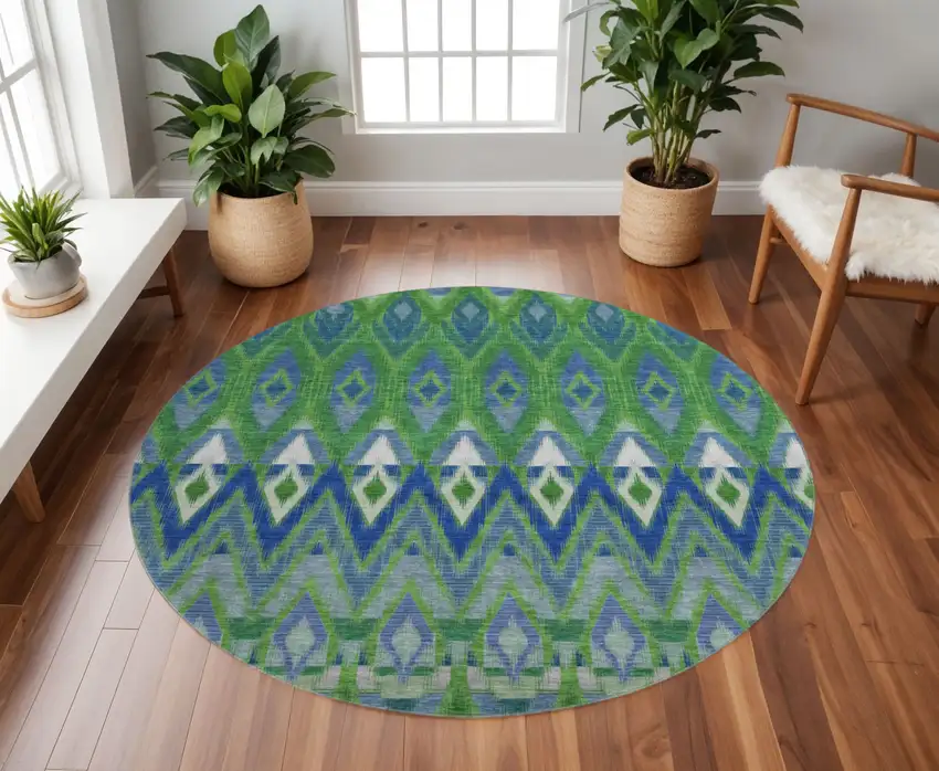 8' Green Blue And Ivory Southwestern Washable Round Rug With UV Protection Photo 2