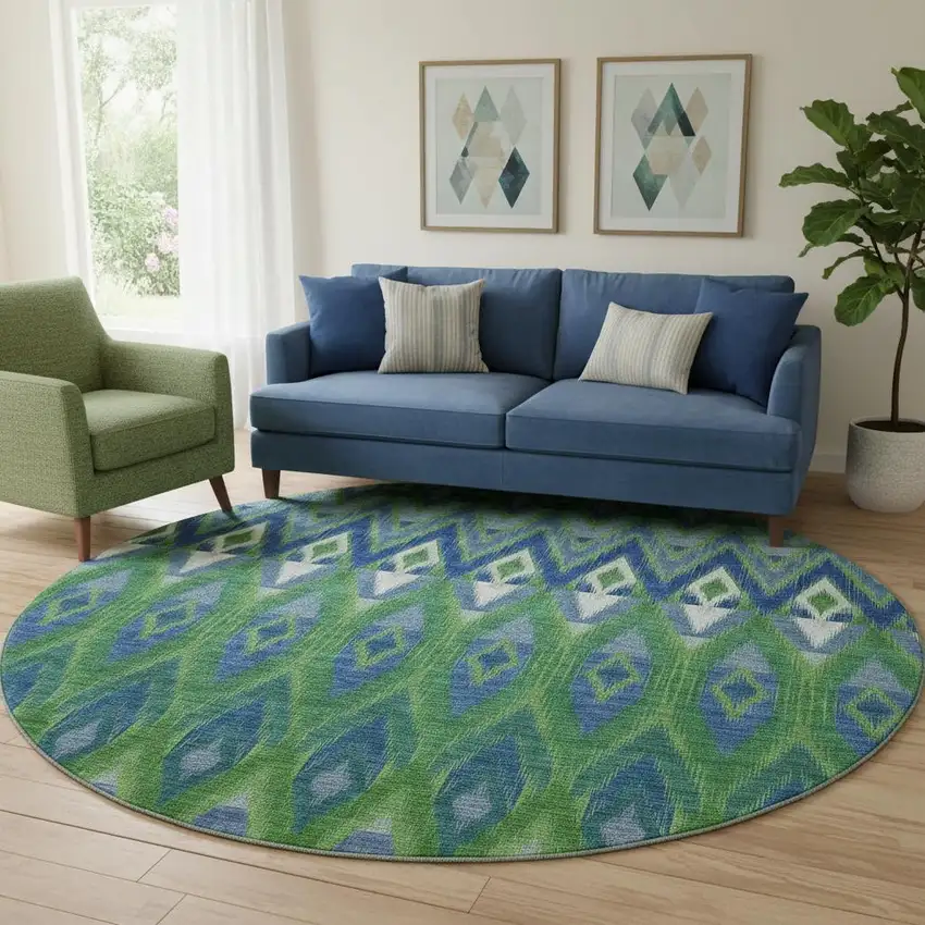 8' Green Blue And Ivory Southwestern Washable Round Rug With UV Protection Photo 1