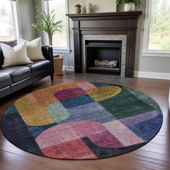 8' Green Blue And Pink Abstract Geometric Washable Round Rug With UV Protection Photo 4