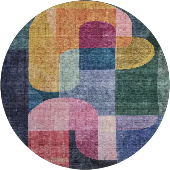 8' Green Blue And Pink Abstract Geometric Washable Round Rug With UV Protection Photo 1