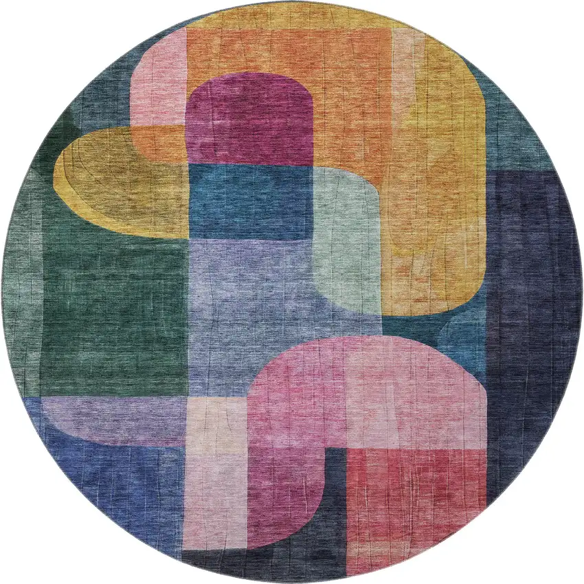 8' Green Blue And Pink Abstract Geometric Washable Round Rug With UV Protection Photo 3