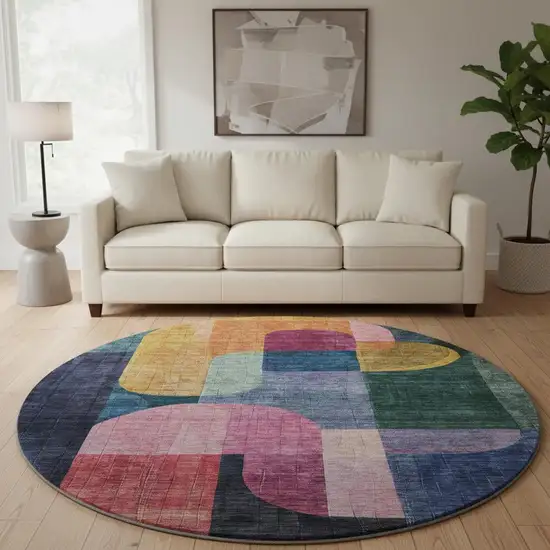8' Green Blue And Pink Abstract Geometric Washable Round Rug With UV Protection Photo 2