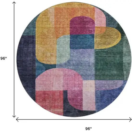 8' Green Blue And Pink Abstract Geometric Washable Round Rug With UV Protection Photo 9