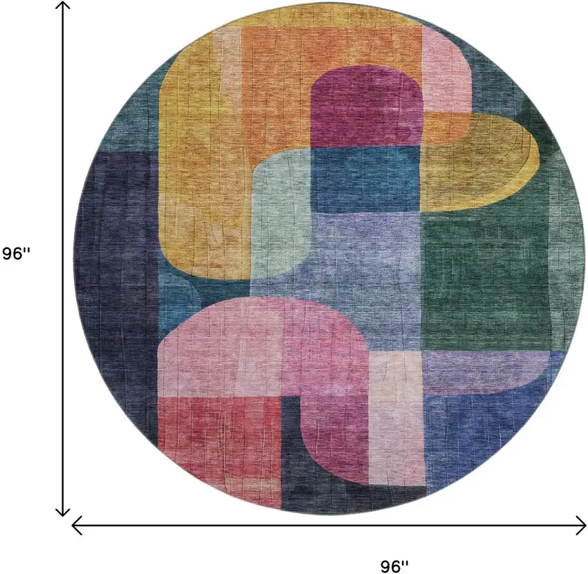 8' Green Blue And Pink Abstract Geometric Washable Round Rug With UV Protection Photo 9