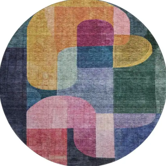 8' Green Blue And Pink Abstract Geometric Washable Round Rug With UV Protection Photo 2