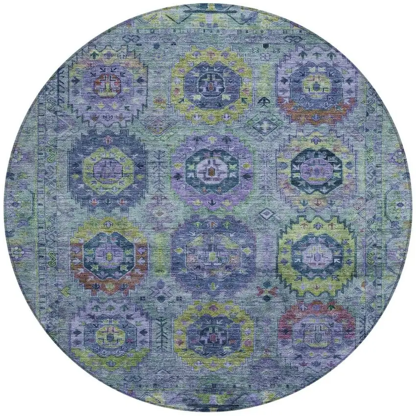 8' Green Blue And Purple Round Medallion Washable Indoor Outdoor Area Rug Photo 4