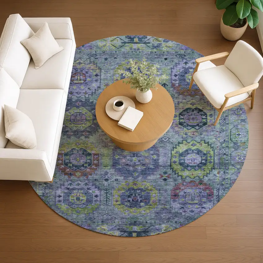 8' Green Blue And Purple Round Medallion Washable Indoor Outdoor Area Rug Photo 8