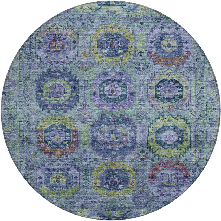 8' Green Blue And Purple Round Medallion Washable Indoor Outdoor Area Rug Photo 2