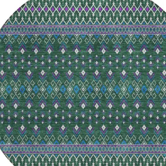 8' Green Blue And Purple Round Tribal Washable Indoor Outdoor Area Rug Photo 4