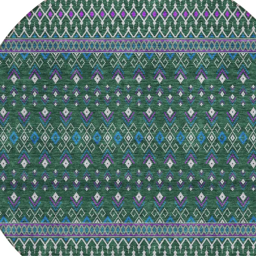 8' Green Blue And Purple Round Tribal Washable Indoor Outdoor Area Rug Photo 4