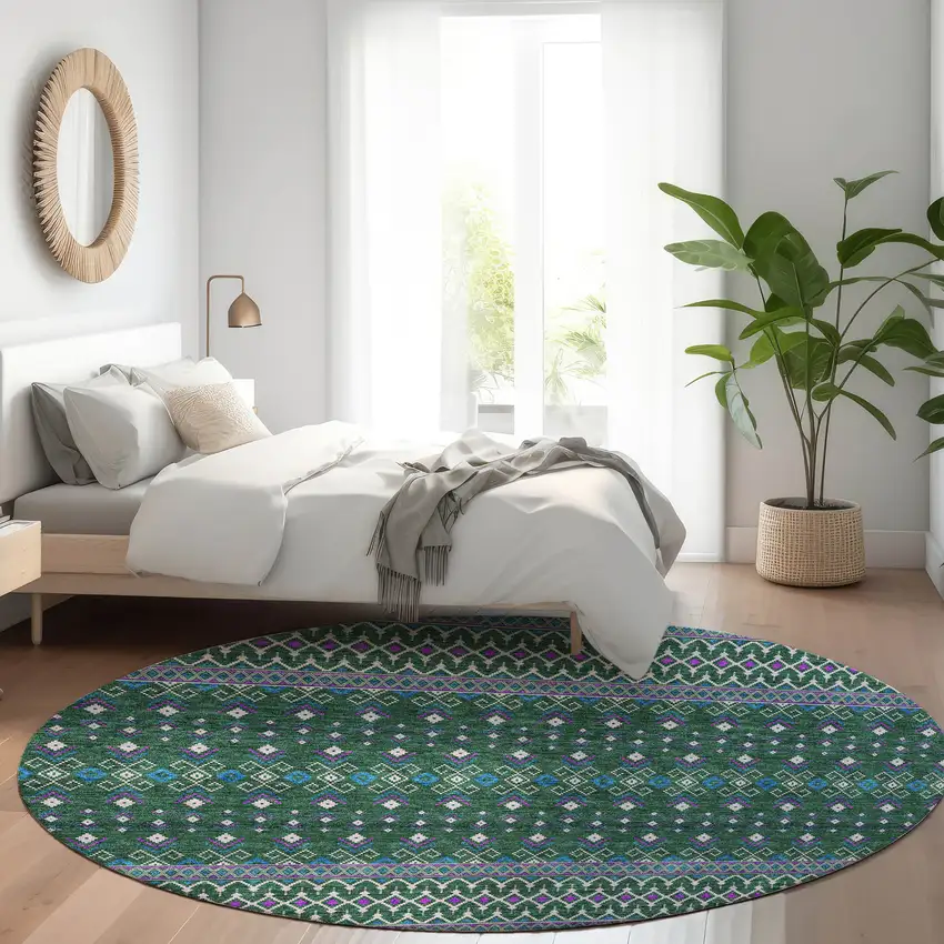 8' Green Blue And Purple Round Tribal Washable Indoor Outdoor Area Rug Photo 7