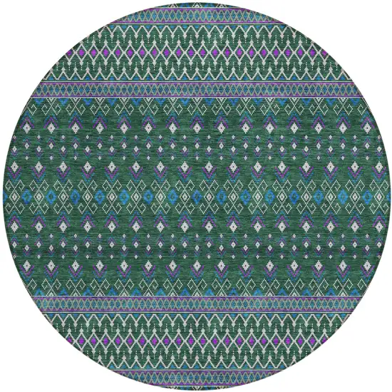 8' Green Blue And Purple Round Tribal Washable Indoor Outdoor Area Rug Photo 1