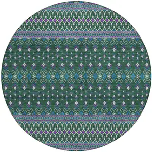 Photo of 8' Green Blue And Purple Round Tribal Washable Indoor Outdoor Area Rug