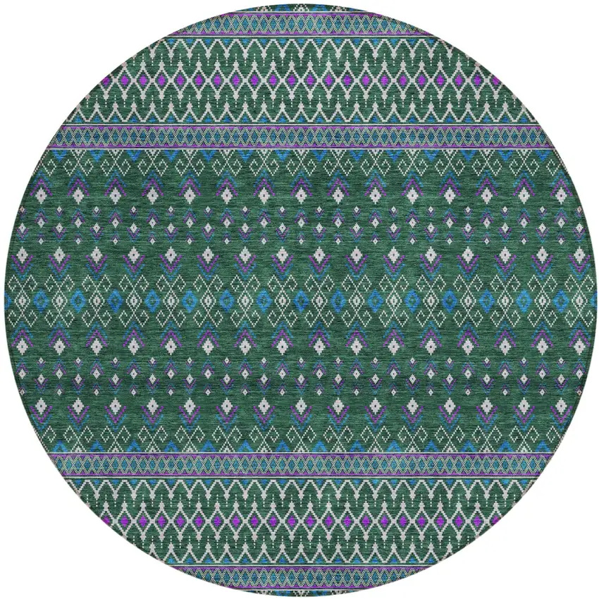 8' Green Blue And Purple Round Tribal Washable Indoor Outdoor Area Rug Photo 1