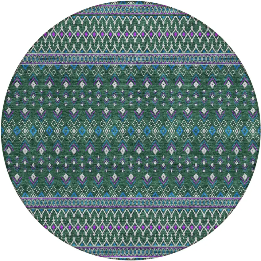 8' Green Blue And Purple Round Tribal Washable Indoor Outdoor Area Rug Photo 1