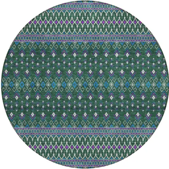 8' Green Blue And Purple Round Tribal Washable Indoor Outdoor Area Rug Photo 6