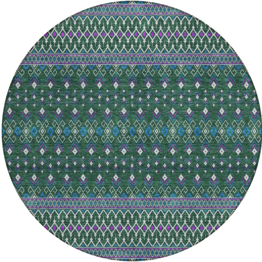 8' Green Blue And Purple Round Tribal Washable Indoor Outdoor Area Rug Photo 6
