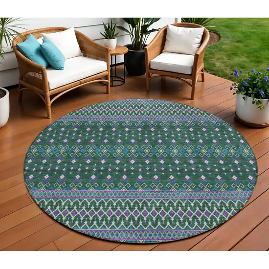 8' Green Blue And Purple Round Tribal Washable Indoor Outdoor Area Rug Photo 1