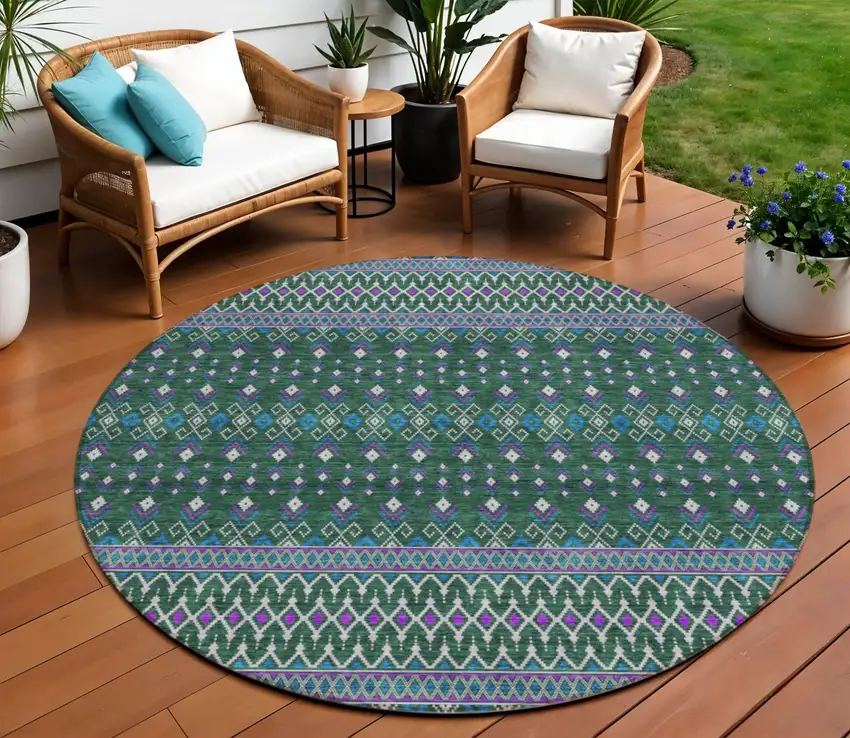 8' Green Blue And Purple Round Tribal Washable Indoor Outdoor Area Rug Photo 1