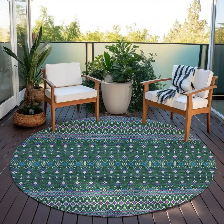 8' Green Blue And Purple Round Tribal Washable Indoor Outdoor Area Rug Photo 7
