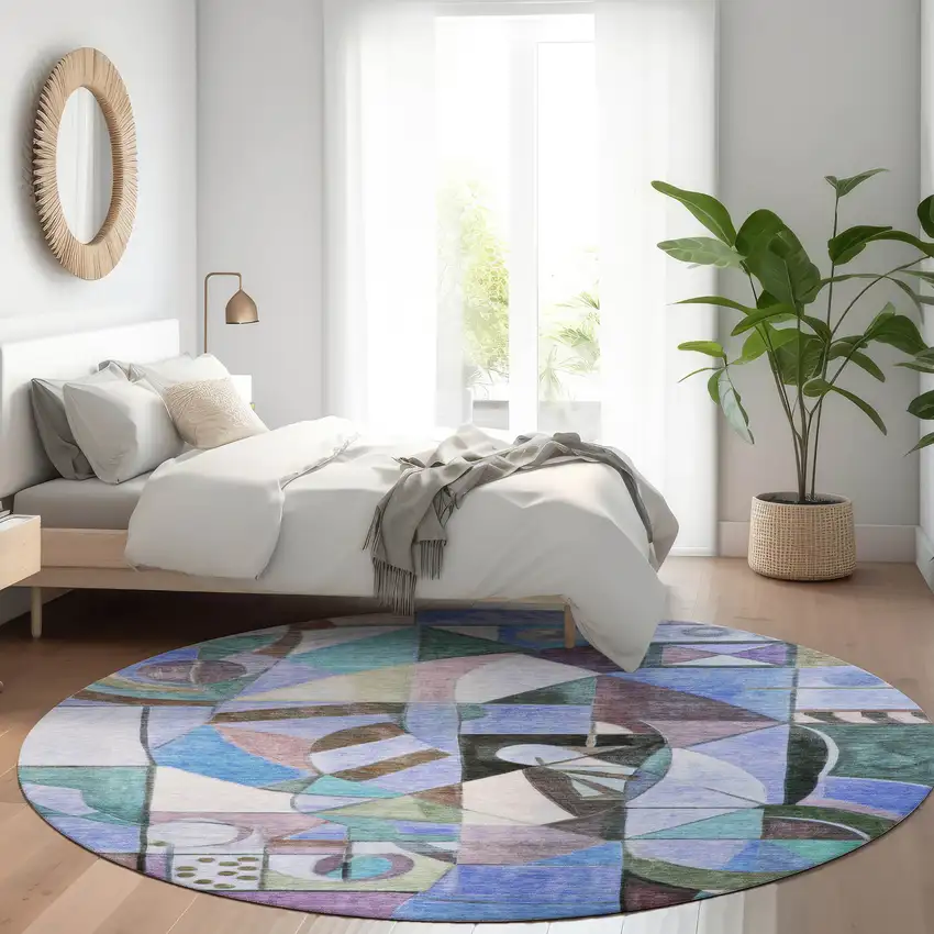8' Green Blue Purple And Black Round Abstract Washable Indoor Outdoor Area Rug Photo 6