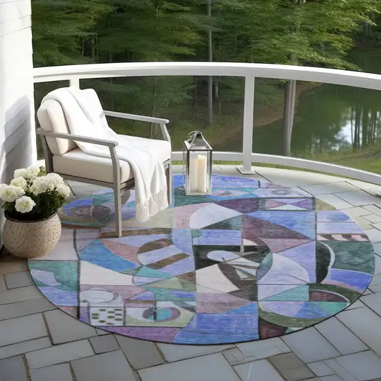 8' Green Blue Purple And Black Round Abstract Washable Indoor Outdoor Area Rug Photo 5