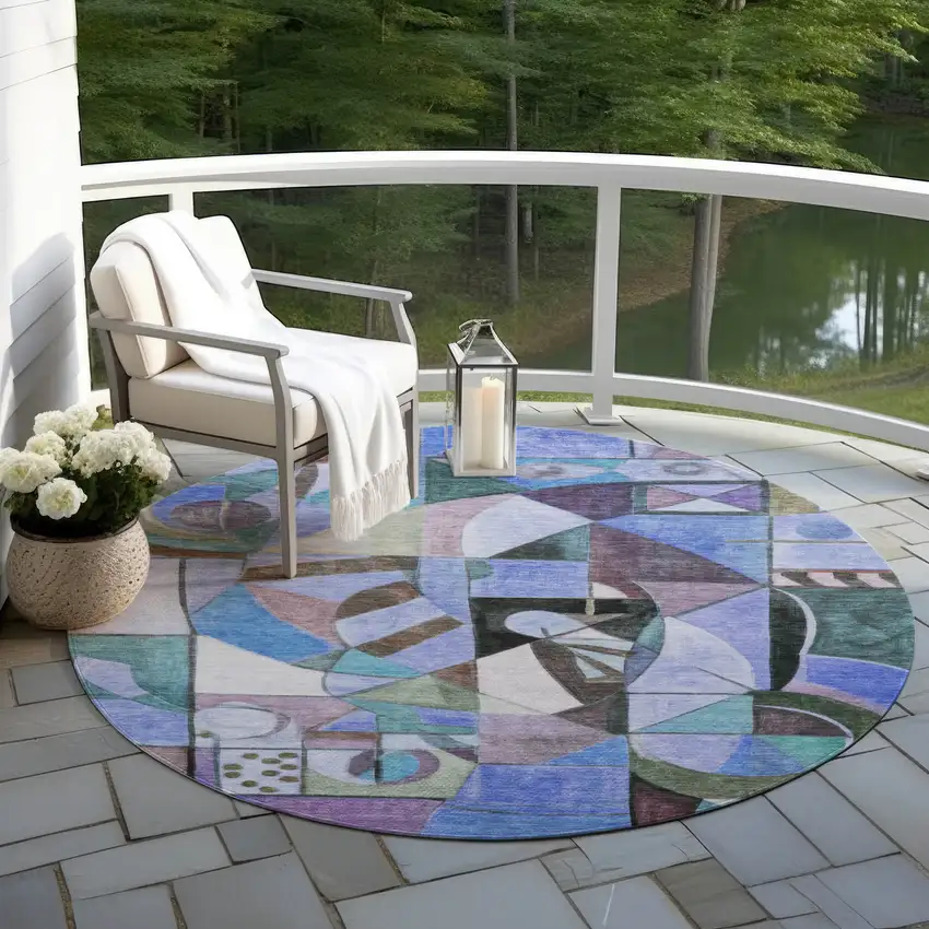 8' Green Blue Purple And Black Round Abstract Washable Indoor Outdoor Area Rug Photo 5