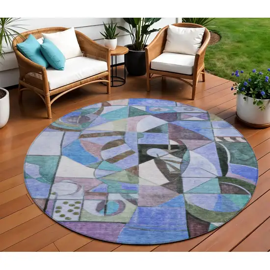 8' Green Blue Purple And Black Round Abstract Washable Indoor Outdoor Area Rug Photo 2