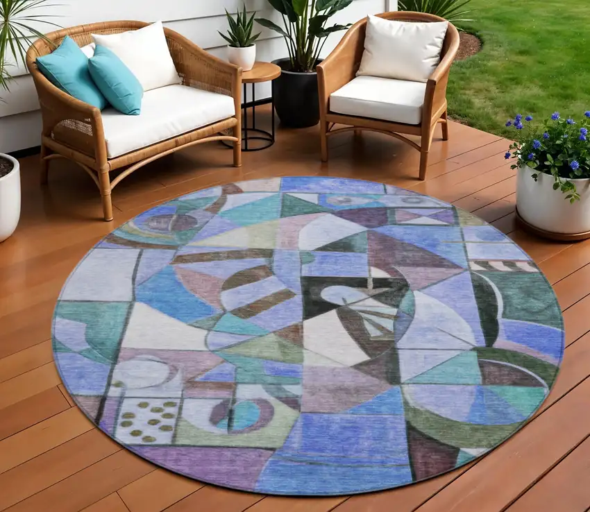 8' Green Blue Purple And Black Round Abstract Washable Indoor Outdoor Area Rug Photo 2