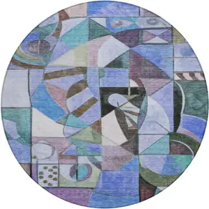 Photo of 8' Green Blue Purple And Black Round Abstract Washable Indoor Outdoor Area Rug